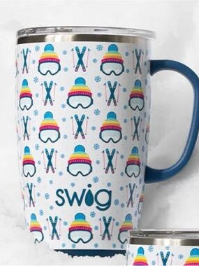 Swig  Ski Pattern Travel Mug - White with Blue Handle 18 oz